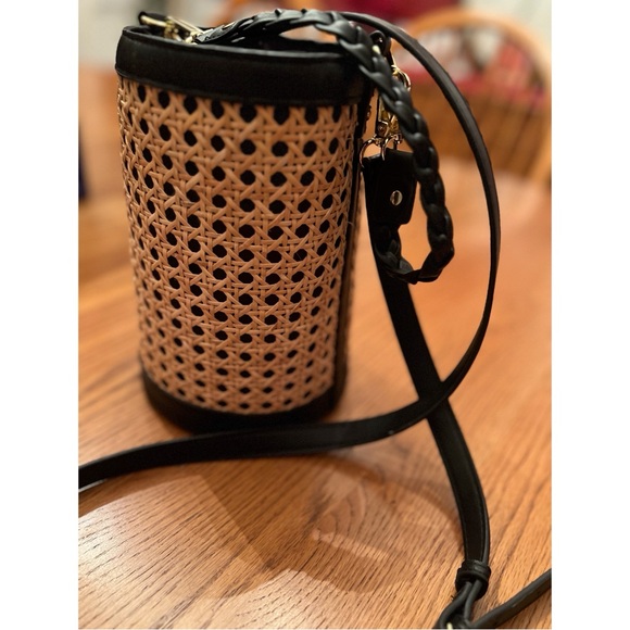 NWOT Straw Cylinder Black and Tan Crossbody Purse - Picture 2 of 5